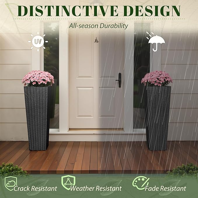 JUMMICO Set of 2 Resin Rattan Tall Planters for Outdoor Plants, Large Tapered Planters with Drainage Holes&Inner Trays, Flower Pots for Garden, Patio, Porch, Backyard (Black, 32'')-Ruum Studio Home