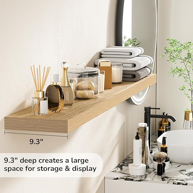 Fun Memories 55 Inch Floating Shelves - 9 Inch Deep Rustic Wooden Wall Shelves - Extra Deeper & Thicker Wall Mounted Storage Shelf for Living Room, Kitchen, Farmhouse - 55" W x 9" D x 1.8" H - Oak-Ruum Studio Home