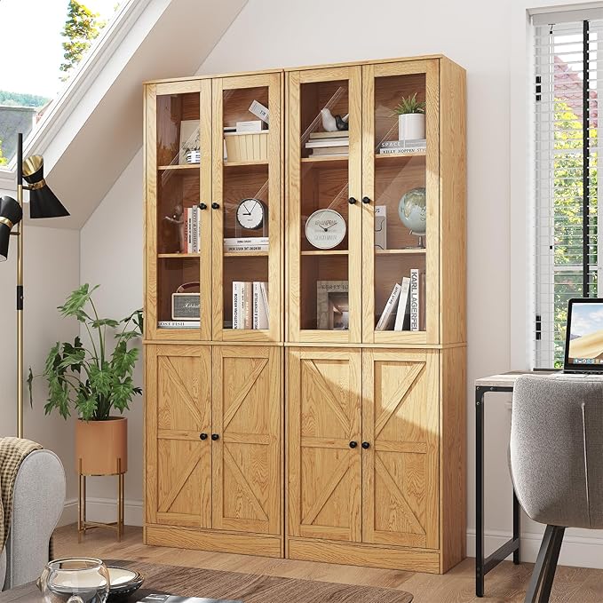 71" Tall Bookcases Set of 2, Bookshelves with Doors, 5-Shelf Bookcase with Storage, Wooden Bookshelf Floor Standing Display Storage Shelves Home Decor Furniture for Living Room,Bedroom,Natural-Ruum Studio Home