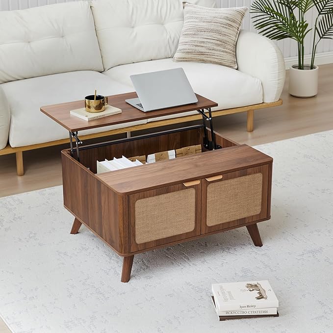 AVZEAR Lift Top Coffee Table with Storage, Mid Century Modern Coffee Table with Nature Linen Doors & Large Hidden Storage, Rounded Corners Center Table Farmhouse Coffee Tables for Living Room, Walnut-Ruum Studio Home