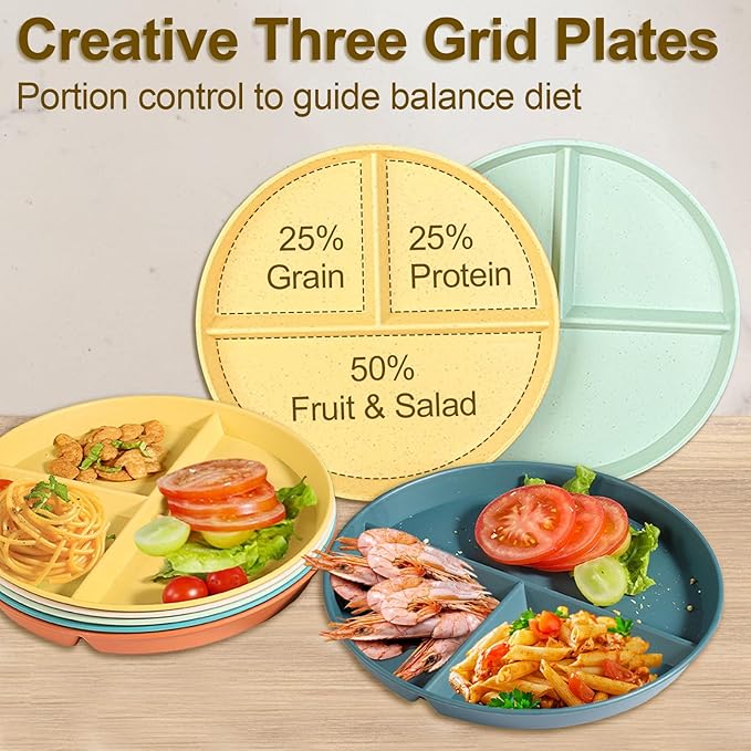 Divided Plates for Adults (8 Packs), Unbreakable Portion Control Plate Sectioned with Dividers, 9 Inch Plastic Food Separator Dinner Plates Lightweight Compartment BPA Free Reusable Microwave Safe-Ruum Studio Home