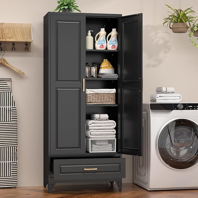 75" Kitchen Pantry Cabinet with Drawer, Metal Storage Cabinets with Doors and Adjustable Shelves, Black Tall Pantry Cabinet for Dinning Living Room, Home Office-Ruum Studio Home
