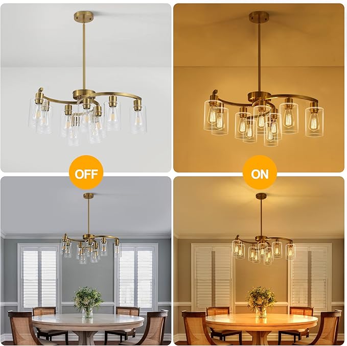 9-Light Gold Glass Chandelier, Adjustable Height Dining Room Light Fixtures Over Table, Contemporary Hanging Chandelier for Kitchen Island Living Room Foyer Office, Clear Glass Shade-Ruum Studio Home