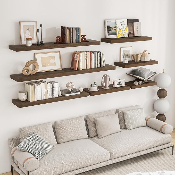 RICHFOCUS 31.5Inch Floating Shelves for Wall 2 Pack Shelves for Bedroom|Kitchen|Bathroom Wall Mounted Rustic Wood Floating Shelf with Invisible Brackets for Books|Storage|Decor, Walnut-Ruum Studio Home