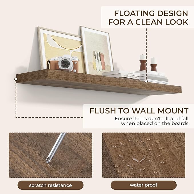 RICHFOCUS 40Inch Floating Shelves for Wall 2 Pack Shelves for Bedroom|Kitchen|Bathroom Wall Mounted Rustic Wood Floating Shelf with Invisible Brackets for Books|Storage|Decor, Walnut-Ruum Studio Home