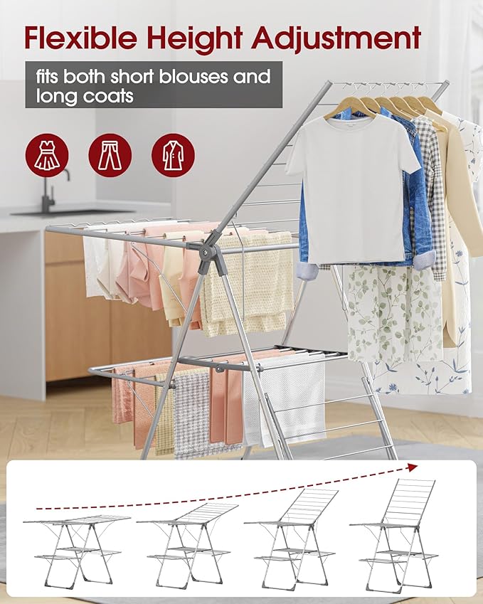 Clothes Drying Rack - Foldable Laundry Drying Rack for Clothing & Bedding, Easy-to-Assemble, Space-Saving Metal Airer with Non-Slip Feet, Indoor & Outdoor Use, 55.5"×22.8"×36.6", Gray-Ruum Studio Home