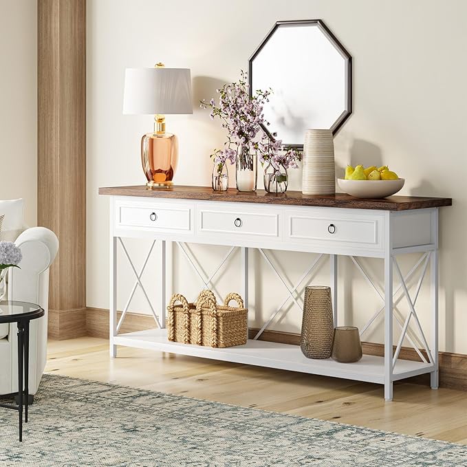 Tribesigns 70.8" Console Table with 3 Drawers, Farmhouse Entryway Table with Storage Shelf, Narrow Long Sofa Foyer Table for Entryway, Hallway (White/Brown)-Ruum Studio Home