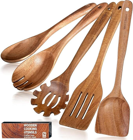 Wooden Spoons for Cooking - 5-Piece Wooden Kitchen Utensil Set made of Natural Solid Wood Material - Includes Salad Spoons, Spaghetti Spoon, Salad Fork, Flat Spatula,Slotted Spatula(A05)-Ruum Studio Home