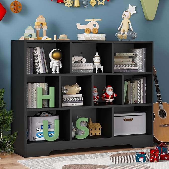 Book Shelf Set of 2, 10 Cubes Storage Organizer, 3-Tier Open Bookshelf Wooden Bookcase, Freestanding Black Bookshelf Cube Shelf for Bedroom, Living Room, Home Office-Ruum Studio Home