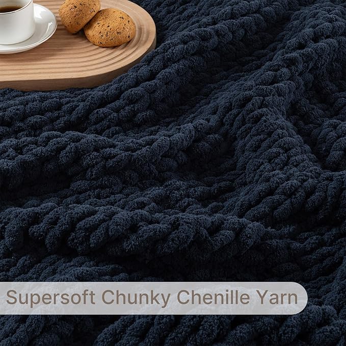 Chunky Knit Blanket Throw, 100% Hand Knit Throw Blanket Handmade Chenille Cable Knit Throw for Couch, Stylish Cozy Soft Rope Knot Crochet Blanket for Home Decor, Navy Blue, 50x60 Inches-Ruum Studio Home