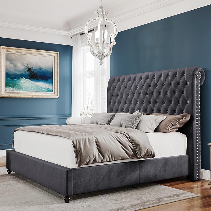 PaPaJet Bed Frame Queen Size Upholstered Platform Bed with 52.8'' Tall Sleigh Headboard, Button Tufted, No Box Spring Needed, Easy Assembly, Dark Grey-Ruum Studio Home