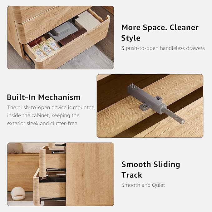 JXQTLINGMU 22" Modern Nightstand with Charging Station, Large Push-to-Open End Table, Wood Bedside Table w/Curved Profile Design, Handleless 3 Drawer Night Stand for Bedroom, Living Room, Natural Oak-Ruum Studio Home