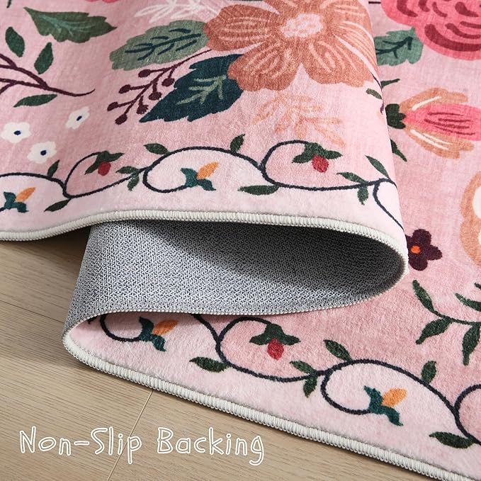 Bedroom Rug 3x5 Rug Washable Area Rug Non Slip Low Pile Boho Floral Small Carpet for Bedroom, Bedside, Kitchen, Entryway, Kids Room, Office, College Dorm Essentials for Girls(Pink)-Ruum Studio Home