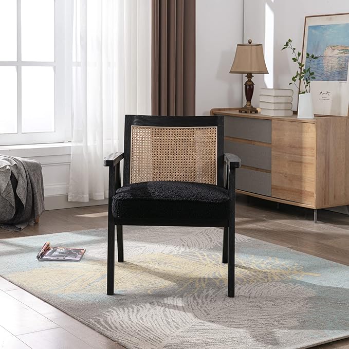 Accent Rattan Chairs Set of 2, Faux Fur Upholstered Living Room Chairs with Cane Back, Retro Mid Century Modern Cane Chair Armchair for Reception Reading Indoor Outdoor, Black-Ruum Studio Home