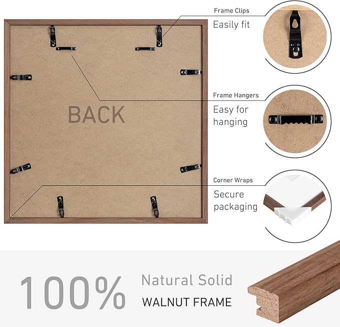 16x16 Picture Frame Natural Solid Walnut Photo Frames with 12x12 Removable Mat Wall Hanging Large Handcrafted Frame with HD Plexiglass Wall and Tabletop Display Large Poster Frame-Ruum Studio Home