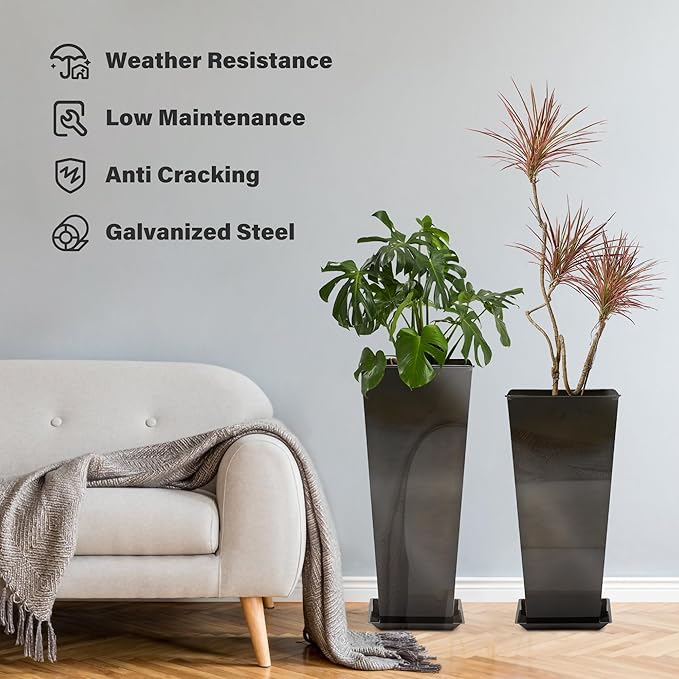 KOL 25'' & 28'' Tall Glazed Planter with Saucer, Set of 2, Galvanized Steel Planter Metal Pots for Indoor & Outdoor Use, Decorative Flower Plant Pots with Drainage Hole for Porch, Patio, Deck - Black-Ruum Studio Home