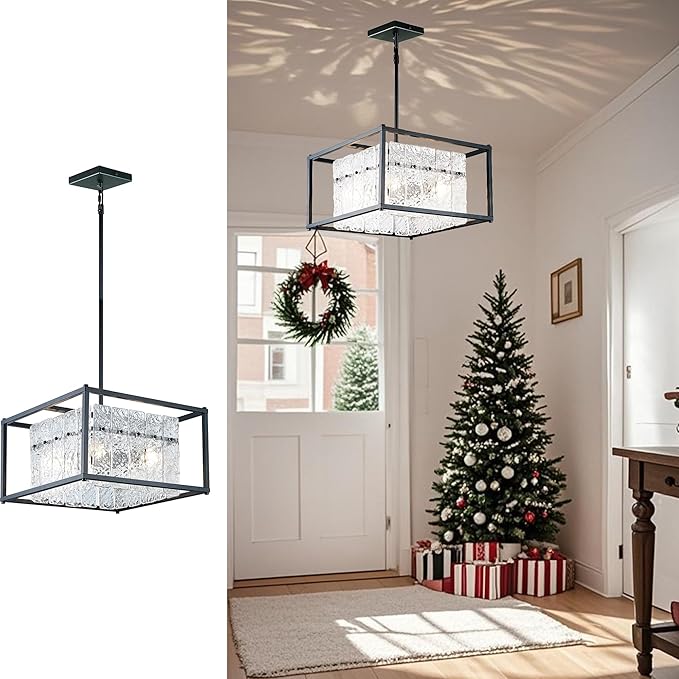 IKK Modern Foyer Chandelier, Black Crystal Chandelier for Dining Room, Square Entryway Light Fixture Hanging, Easily Adjustable Height Glass Chandeliers for Kitchen Island, Elegant Water Ripple-Ruum Studio Home