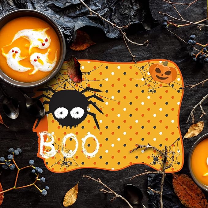 MCEAST 6 Pack Halloween Plastic Placemats Halloween Pumpkin Spider Ghost Waterproof Table Mats Assorted 6 Styles Halloween Party Table Decorations for Home Kitchen Dining, 16 x 12 Inches-Ruum Studio Home