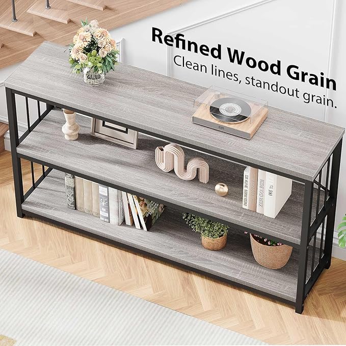 LVB Extra Long 3-Tier Sofa Table, Industrial Console Table with Storage Shelf, Modern Rustic Wood Metal Narrow Entryway Table, Skinny Behind Couch Table for Foyer Living Room Bedroom, Light Grey, 70In-Ruum Studio Home