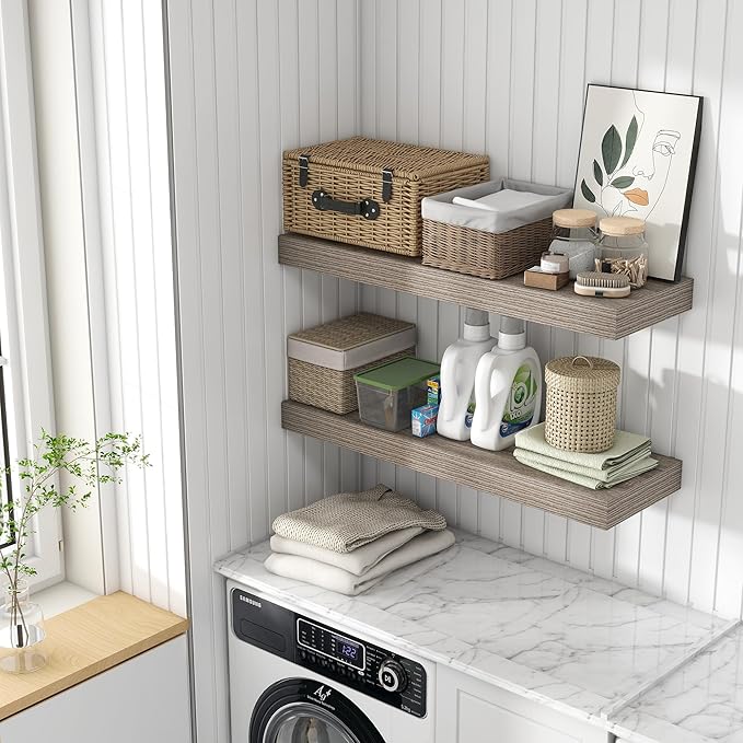 Deep Floating Shelves for Wall, 36W x 12D Rustic Large Floating Shelves Set of 2, 12'' Deep Grey Wood Floating Shelves for Living Room Bathroom Laundry Room Bedroom Kitchen Home Office - Grey-Ruum Studio Home