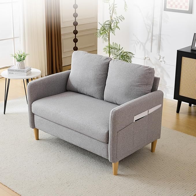 VINGLI 47" Small Couch, Linen Loveseat Sofa Light Grey Mini Couch Mid Century Modern Decor Love Seat for Small Spaces Living Room, Bedroom, Play Room-Ruum Studio Home