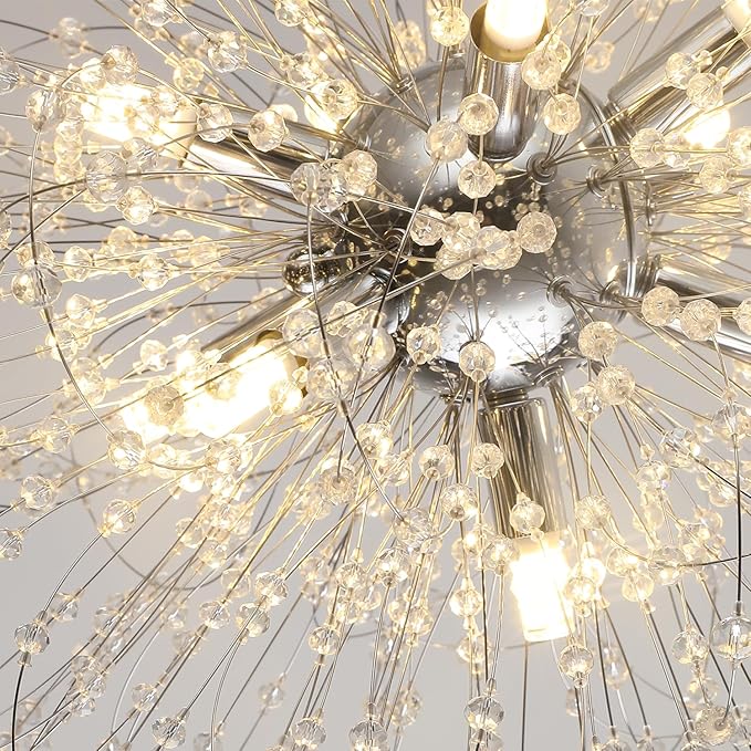 Sputnik Crystal Chandelier, Modern Beaded Ceiling Lamp with Chrome, Round Dandelion Pendant Light Fixtures for Living Room Bedroom Dining Room Farmhouse Kitchen Island (Chrome 9Lights)-Ruum Studio Home