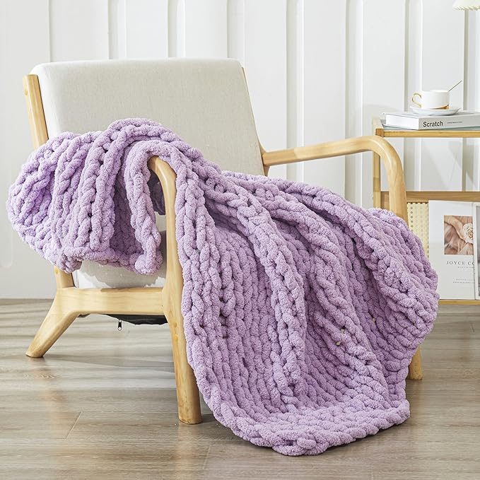 WESHIONGOO Chunky Knit Blanket Throw 40"*40" Knitted Throw Blankets for Couch Bed Fluffy Soft Blanket with Jumbo Chenille Yarn Thick 100% Handmade(Lilca)-Ruum Studio Home