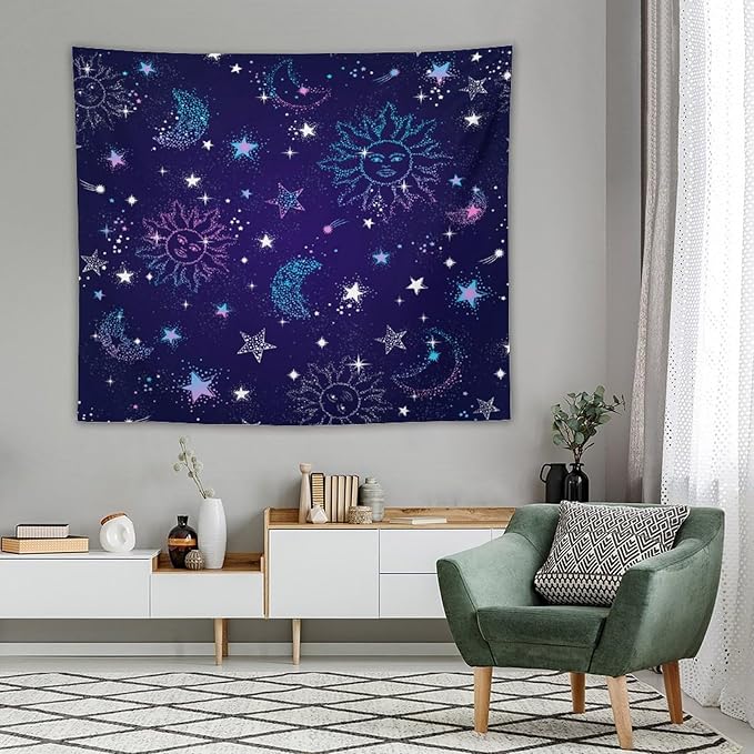 HZOHNAGO Boho Sun Moon Tapestry Purple Blue Sun Stars Galaxy Pattern Printed Wall Tapestry Wall Hanging for Bedroom Living Room Dorm 60" W x 50" H-Ruum Studio Home