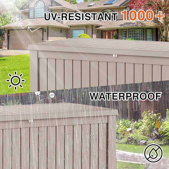 150 Gallon Outdoor Storage Cabinet, Large Outdoor Storage Box for Patio Furniture Covers, Cushion Pillows, Waterproof Deck Box with Lockable Lid for Garden Tools, Pool Accessories, Taupe-Ruum Studio Home