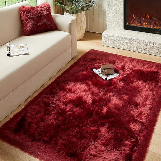 AMTOVO Faux Fur Sheepskin Rug for Living Room, 4 x 6 ft Burgundy Fluffy Area Rug for Bedroom, Playroom, Luxury Room Decor, Rectangle-Ruum Studio Home