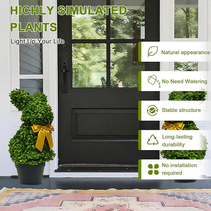 2 Pcs Artificial Bunny Shaped Topiary Trees, Artificial Green Boxwood Bunny Decorations with Gold Bow, Perfect for Indoor & Outdoor Front Porch, Easter& Garden Decor (Bunny Tree with Base)-Ruum Studio Home