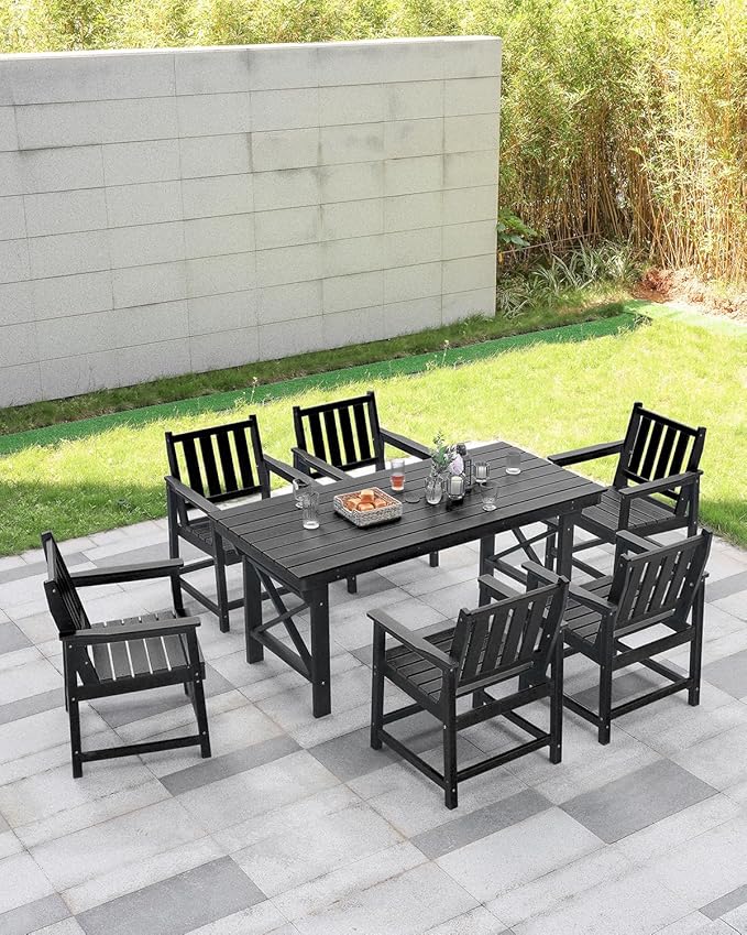 HDPE Outdoor Dining Table, 66.9” Rectangle Patio Dining Table for 6, All-Weather HDPE Outdoor Table with 2.2” Umbrella Hole, HDPE Patio Furniture for Deck, Backyard, Garden, Pool, Obsidian-Ruum Studio Home