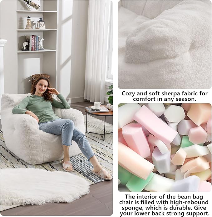 Recaceik Bean Bag Chairs, Tufted Soft Stuffed with Filler, Fluffy and Lazy Sofa, Imperial Lounger Giant Chair for Bedroom, Living Room, White-Ruum Studio Home
