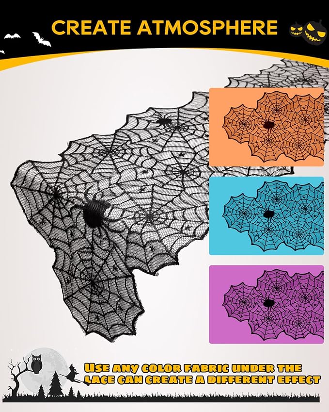 eZAKKA Halloween Table Runner with 4Pcs Placemat, Black Lace Spider Web Table Runners for Parties Gothic Spooky Home Decorations, 18 x 72 Inch-Ruum Studio Home
