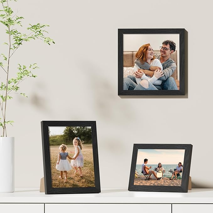 Vittanly 8x8 Picture Frames Set of 9, Shatter Resistant Plexiglass, Display 4x4 Pictures with Mat or 8x8 without Mat, Photo Frames for Wall Mount, Engineered Wood, Black-Ruum Studio Home