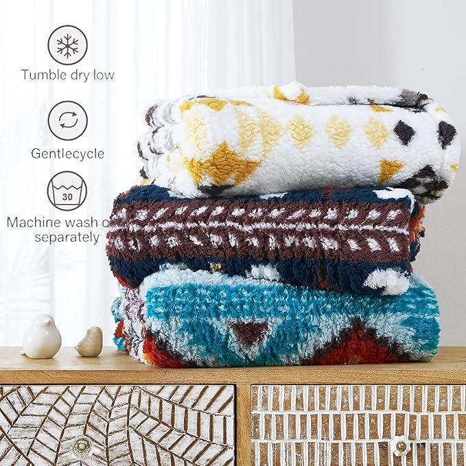 CASAAGUSTO Boho Sherpa Throw Blanket, Aztec Throw, Ultra Soft, Warm, Cozy, Plush, Thick Fleece Bohemian Throw Blanket for Couch, Bed, Sofa (Navy Blue 50 * 60 Inch)-Ruum Studio Home
