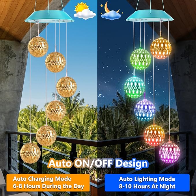 Toodour Solar Wind Chime, Color Changing Moroccan Ball Wind Chimes, LED Decorative Mobile, Gifts for Mom, Waterproof Outdoor Decorative Lights for Garden, Patio, Party, Yard, Outdoor Decorations-Ruum Studio Home