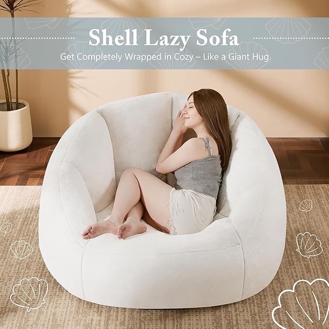 Giant Bean Bag Swivel Chair for Adults - Comfy Plush Round Shell Soft Accent Chair, Oversized Cozy Floor Sofa for Living Room, Bedroom & Game Rooms, Beige-Ruum Studio Home
