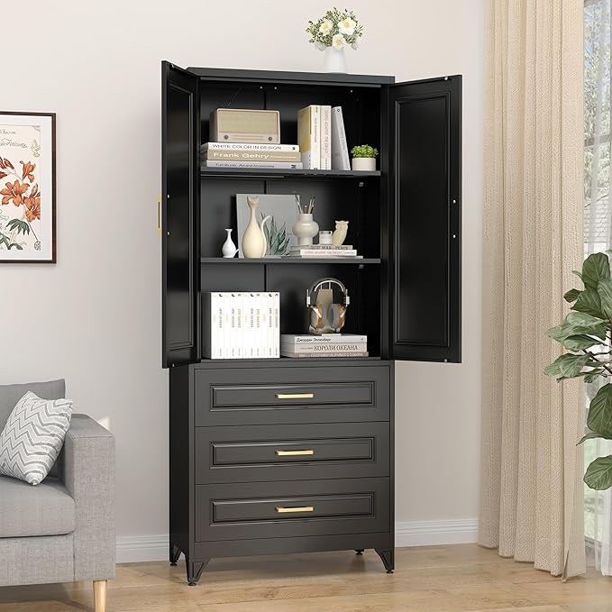 75" Kitchen Pantry Cabinet with 3 Drawers,Metal Storage Cabinets with Doors and 4 Adjustable Shelves,Black Kitchen Cabinet with 2 Gold Handles,Food Cupboard for Livingroom, Bathroom,Pantry-Ruum Studio Home