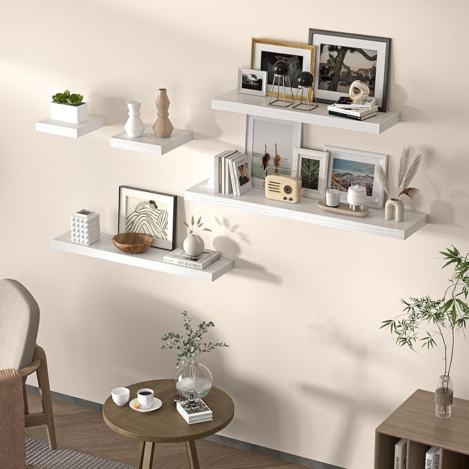 Floating Shelves for Wall, 55"W x 9.3"D x 1.5"H, Long Wooden Wall Mounted Display Shelves with Invisible Brackets for Living Room, Bedroom, Bathroom, Kitchen Decor and Storage, Set of 1, White-Ruum Studio Home