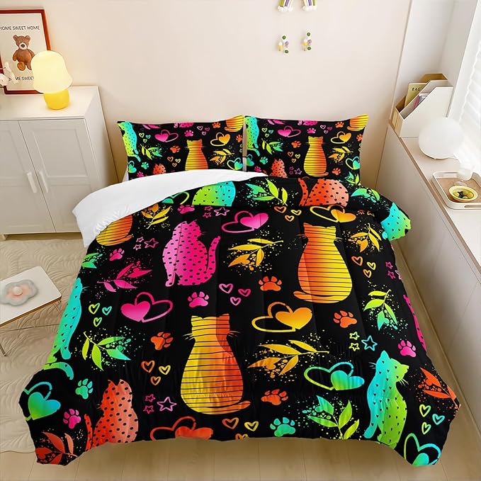 Kawaii Cat Animal Comforter 3Pcs Full Lovely Pet Cat Bedding Set for Kid Teen Girl Boy Adult Room Decor Cartoon Kitten Paw Heart Bamboo Leaf Pattern Quilt with 1 Comforter and 2 Pillowcases-Ruum Studio Home