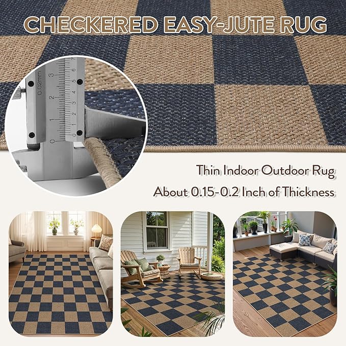 Lahome Checkered Easy Jute Living Room Rugs, 5x7 Dining Room Office Rug Farmhouse Outdoor Patio Carpet, Checkerboard Washable Non Slip Indoor Outdoor Blue Carpet for Backyard Entry Deck-Ruum Studio Home