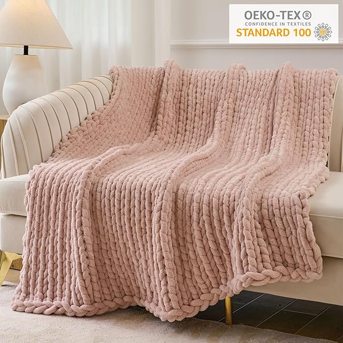 Esterra Chunky Knit Throw Blanket Newly Upgraded Heavy Tighter Version, Handmade Chenille Throw Super Soft, Thick Yarn Cable Knit Crochet Throw Blanket for Couch Bed Sofa, 50" x60, Coral Pink-Ruum Studio Home