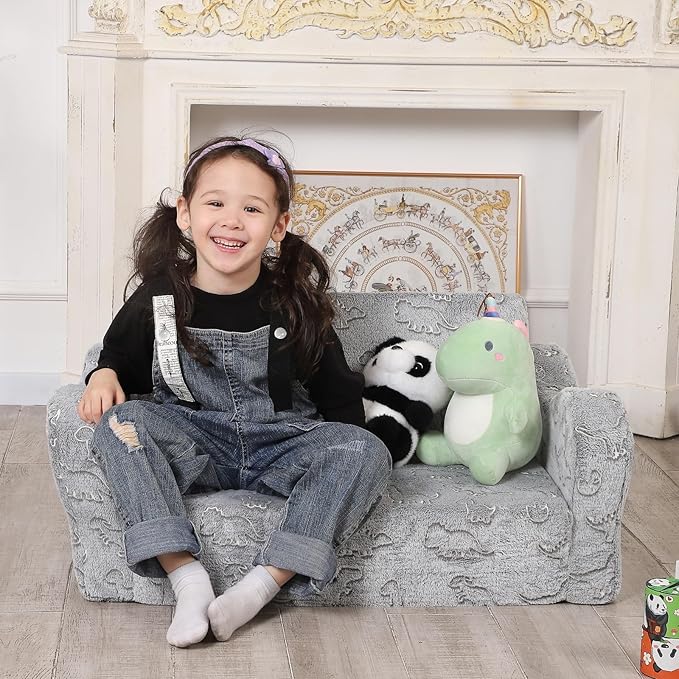 Kids Extra Wide Glow in The Dark Chairs for Toddler, 2-in-1 Toddler Soft Sherpa Couch Fold Out, Convertible Sofa to Lounger for Girls and Boys, Dark Grey-Ruum Studio Home