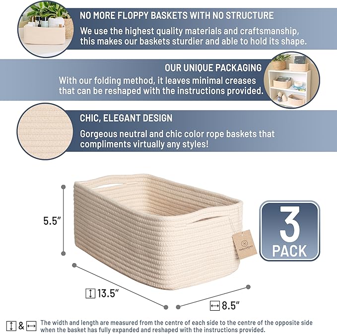 NaturalCozy 13.5”x8.5”x5.5” Storage Baskets for Shelves 3 Pack | Cotton Rope Woven Small Baskets for Organizing | Small Storage Bins for Nursery, Bathroom, Closet, Cube Shelf, Decorative, Gift-Ruum Studio Home