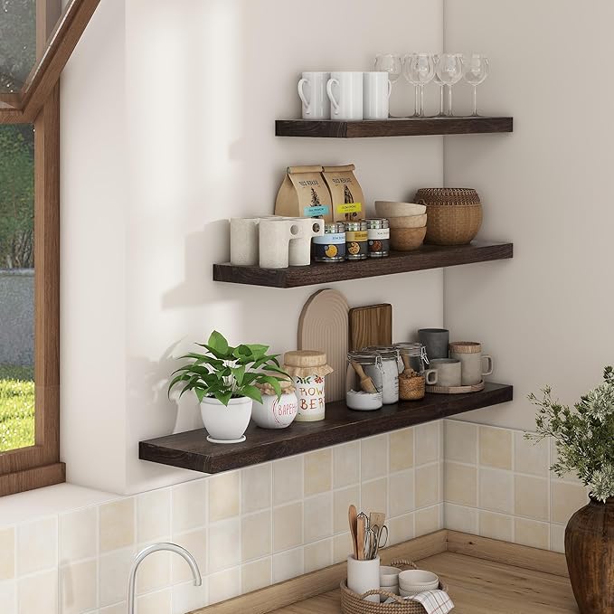 Axeman Floating Shelves for Wall - 32''W x 8'' D Rustic Solid Elm Wood Shelves for Storage, Wall Mounted Display Shelving with Invisible Heavy-Duty Metal Bracket (Walnut, 2PCs)-Ruum Studio Home