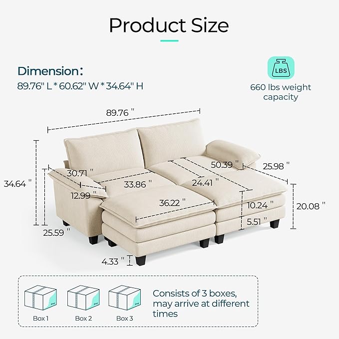 LINSY HOME Sectional Sleeper Sofa - 90'' Modular Cloud Couch Oversized Corduroy Sofa Bed with Movable Ottoman Soft Modern Comfy Couch Set for Living Room Apartment Office, Beige-Ruum Studio Home