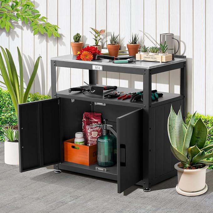 Garden Potting Bench with Storage Cabinet,Outdoor Gardening Table & Work Bench for Plants, Horticulture,Outdoor Workstation with Stainless Steel Tabletop,Outdoor Work Table-Ruum Studio Home
