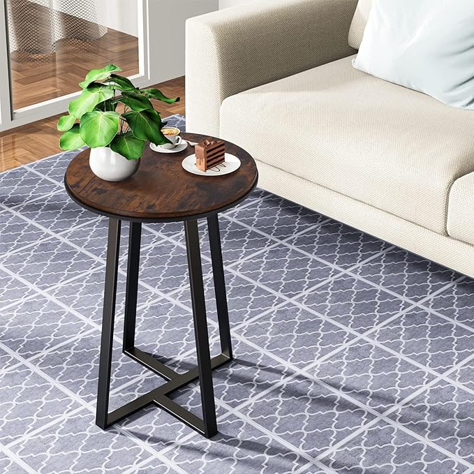 Side Table, Round End Table Vintage Brown Color MDF Top, Modern Coffee End Table for Living Room, Bedroom, Nightstand with Black Steel Frame for Small Spaces-Ruum Studio Home