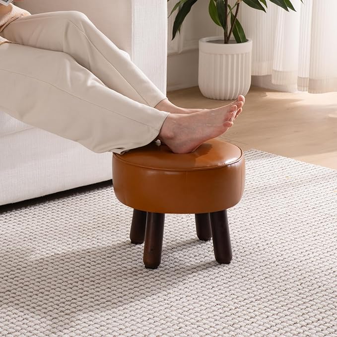 Small Foot Stool Ottoman, Round Pouf Foot Rest, Footstool Ottomans with Rubber Legs Under Desk, Faux Leather Footrest for Couch, Living Room, Bedroom, Hallway, Office, 13''L x 13''W x 10.2''H-Ruum Studio Home